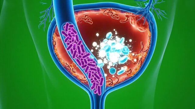3D Medical Animation Visualization of Bladder Infection with Bacteria and Blood Cells on Green Screen Background