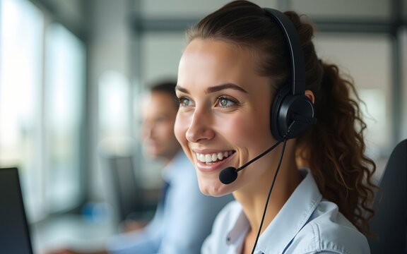 A focused call center agent wearing a headset, smiling while providing support. This image captures the essence of professionalism and positivity in customer service environments. High quality