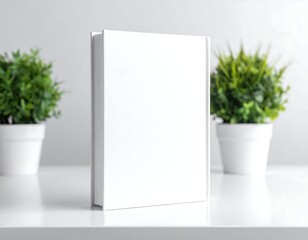 White hardcover book mockup with greenery against a clean background