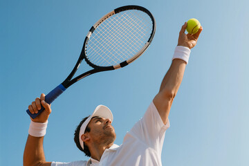 Professional Tennis Player Serving the Ball on Outdoor Court