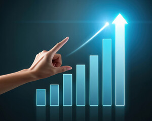 Business chart graph arrow trending up with hand, growth and success in dark backdrop