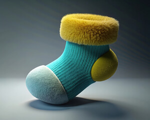 Fluffy Teal Sock with White Toe and Heel and Yellow Cuff on Grey Background