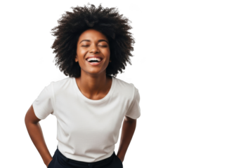 Woman with afro laughing with closed eyes isolated on transparent background