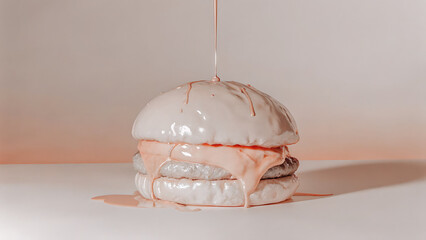 A hyper-realistic creamy white burger with smooth cream-style ketchup dripping downward, captured in soft studio lighting on a clean minimal background.
