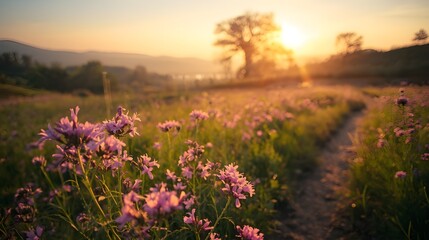 Fototapeta premium Golden Sunset Meadow with Wildflowers and Winding Path