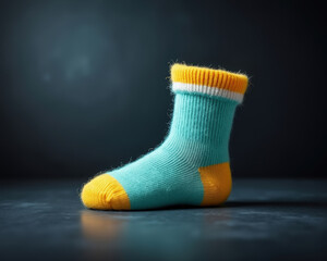 Teal and Orange Baby Sock Isolated Against Dark Background on Dark Surface