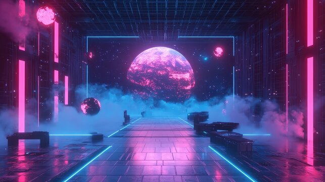 Neon space corridor leading to alien planet