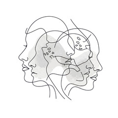 Abstract overlapping human face profiles minimalist line art drawing.