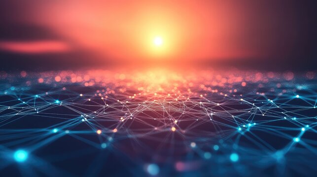 Digital network connections spreading under a glowing horizon