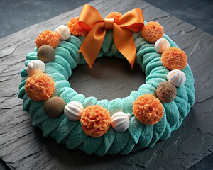 Green Wreath With Orange Bow Pom Poms and Cream Spheres on Dark Slate Tile Surface