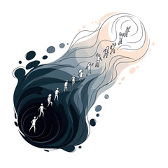 Conceptual illustration of people walking on a path from darkness to light.