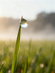 Dewdrop on Single Grass Blade at Sunrise