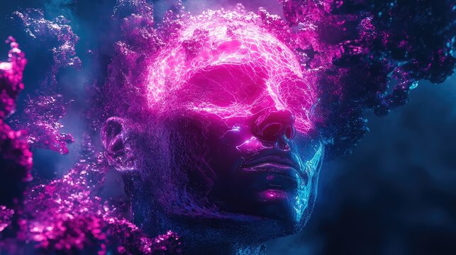 Artificial intelligence brain glowing with neon energy - Powered by Adobe