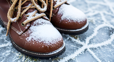 Snow-dusted shoelaces on brown boots in winter setting