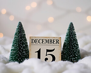 December fifteenth calendar between trees on fluffy snow with bokeh lights
