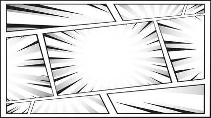 Naklejka premium Dynamic Comic Panel Frame Vector with Manga Speed Lines, Burst Center and Black-White Action Layout