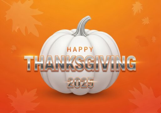 Happy thanksgiving 2025 with a glowing white pumpkin and metallic text on an orange gradient background with falling autumn leaves, celebrating the holiday