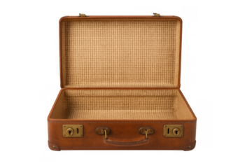 Open vintage leather suitcase on transparent background, symbolizing travel, journey, and past adventures