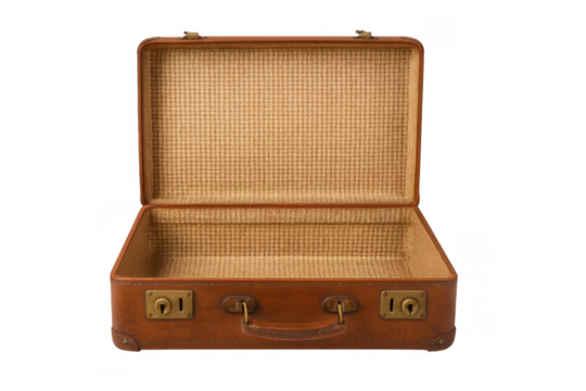 Open vintage leather suitcase on transparent background, symbolizing travel, journey, and past adventures