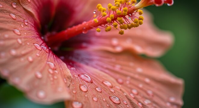 Close up vibrant peach hibiscus flower displaying glistening water droplets on delicate petals in soft light. AI Generated