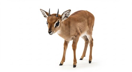 Fototapeta premium Adorable small antelope fawn standing calmly on a pure white studio background with soft bright even lighting. AI Generated