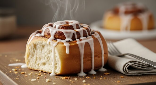 A warm, freshly baked cinnamon roll with sweet icing dripping down, steaming on a rustic wooden board.