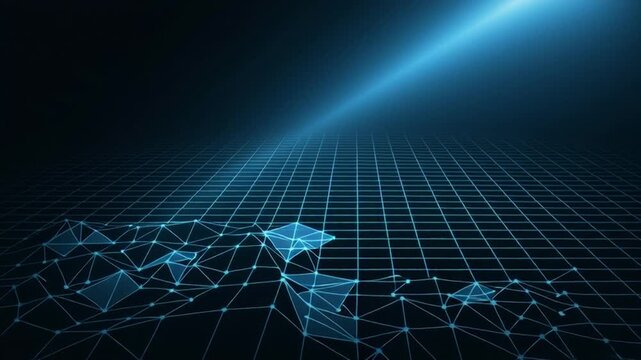 Abstract futuristic technology background with a blue digital grid and plexus network representing global data communication - Powered by Adobe