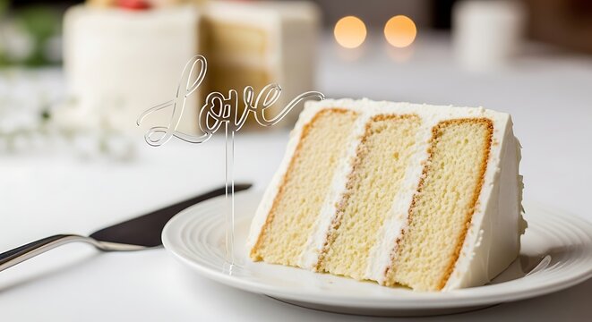 Close-up shot of a slice of white cake with a 'love' topper on a white plate.