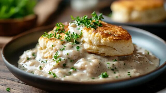 Fluffy biscuit atop creamy, peppered gravy garnished with parsley on plate