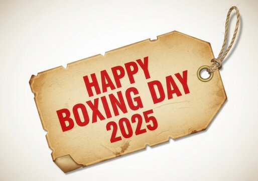A rustic, tornedge paper gift tag with happy boxing day 2025 printed in bold red letters, attached with twine, suitable for postchristmas sales and promotions