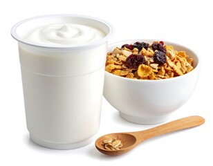 Yogurt cup, cereal bowl, wooden spoon with oats. White background