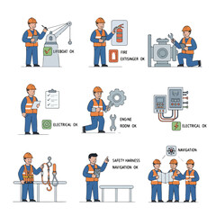 8 set ship crew member performing safety inspection with a checklist, wearing a reflective vest, flat design, simple and minimalistic, white background.