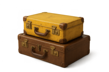 Stacked vintage suitcases, retro luggage for a classic journey, aged leather travel bags on transparent background