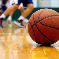 Naklejka premium Close-up basketball on indoor court with children training, practicing skills on wooden parquet floor, highlighting youth sports development, teamwork, fitness, activity, learning, and gym environment