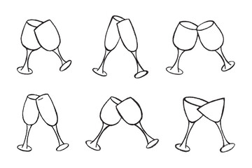 Set of hand drawn wine and champagne glasses Alcohol drink clipart in doodle style Single element for print, web, design, decor Happy New Year