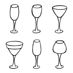 Set of hand drawn wine and champagne glasses Alcohol drink clipart in doodle style Single element for print, web, design, decor Happy New Year