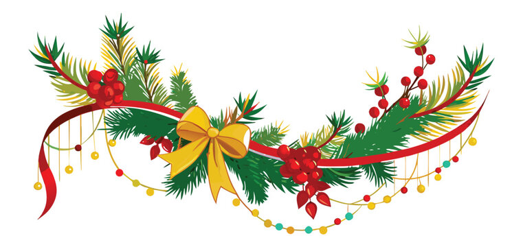 Festive Christmas garland with a yellow bow and red berry decoration.