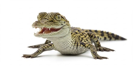 Obraz premium Tiny baby crocodile with textured skin playfully opens its mouth revealing sharp teeth brightly lit on a white backdrop. AI Generated