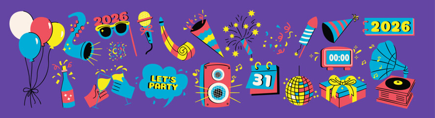 New Year Party Celebration Icons Set