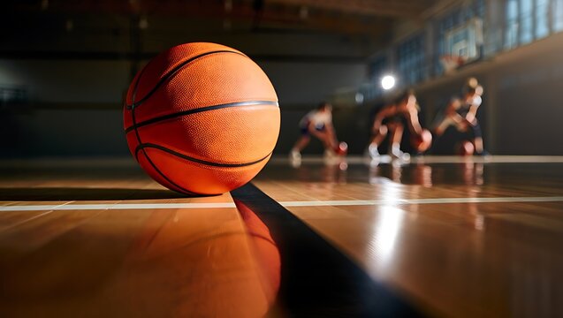 Close-up basketball on indoor court with children training, practicing skills on wooden parquet floor, highlighting youth sports development, teamwork, fitness, activity, learning, and gym environment