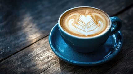 Latte coffee with beautiful art on wooden table