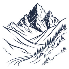 Majestic mountain range illustration isolated on, showcasing rugged peaks, snowcapped summits, and serene valleys, perfect for adventure, nature, and outdoorthemed designs and projects