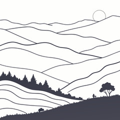 Monochrome illustration of a tranquil landscape with rolling hills, a distant sun, and silhouetted trees against a clear sky isolated on