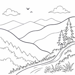Black and white illustration of a scenic landscape featuring rolling hills, evergreen trees, a winding path, and fluffy clouds in the sky isolated on