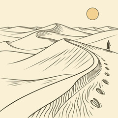 Detailed desert landscape illustration featuring rolling sand dunes under a bright sun, with a winding path and footprints leading to a lone figure, capturing a sense of journey and human presence