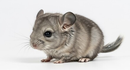 Adorable gray chinchilla with soft fluffy fur sitting calmly on a luminous white studio floor. AI Generated