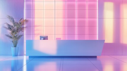 Modern office lobby reception desk with neon lighting