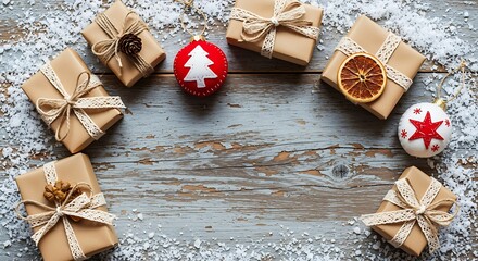 Arrangement of Wrapped Gifts and Holiday Decorations on Wood
