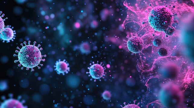 Microscopic virus particles spreading, causing infection and disease