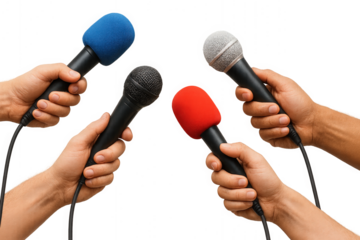 Hands holding microphones with colored covers
